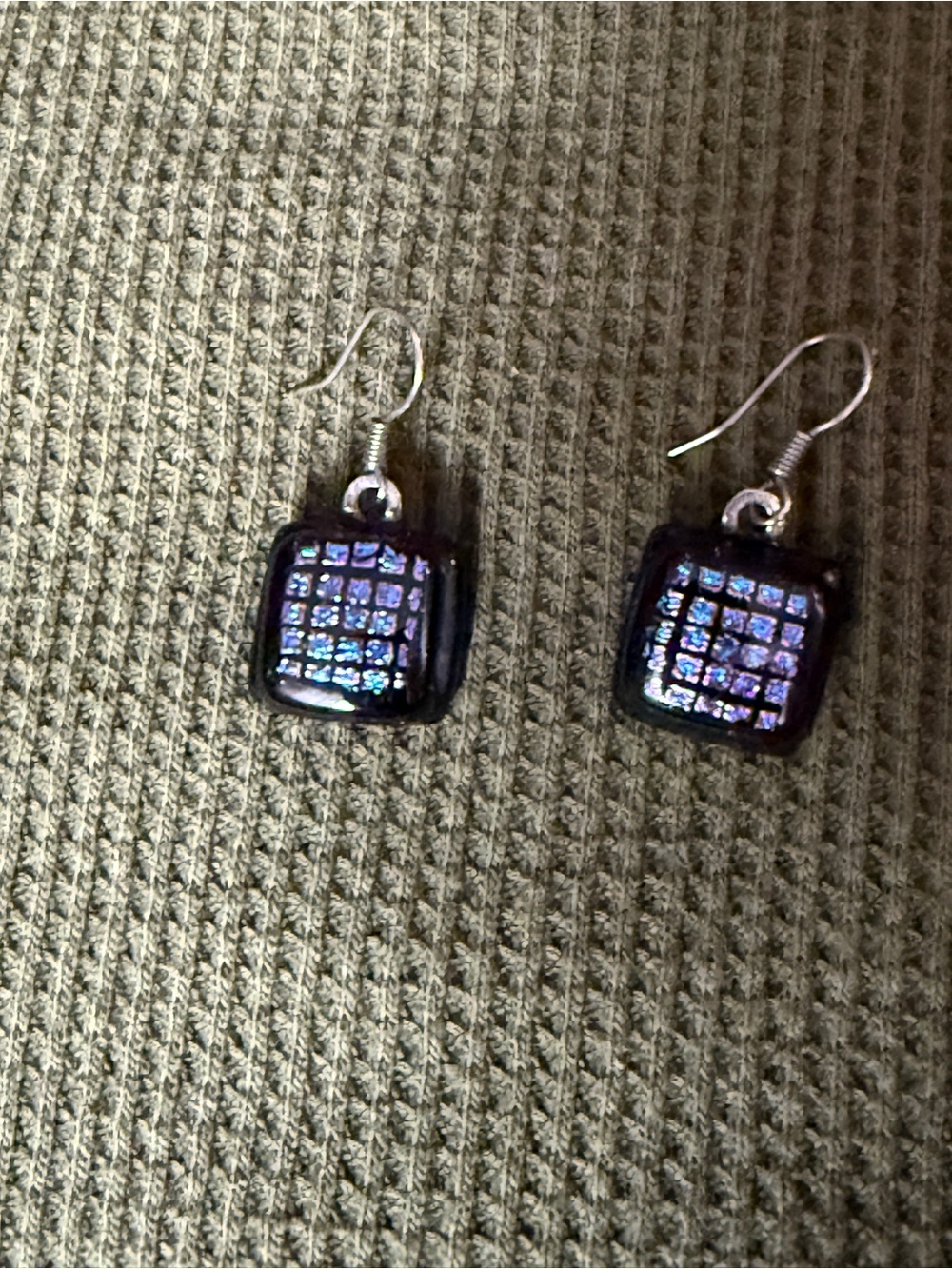 Purple Iridescent Glass Tile Drop Earrings